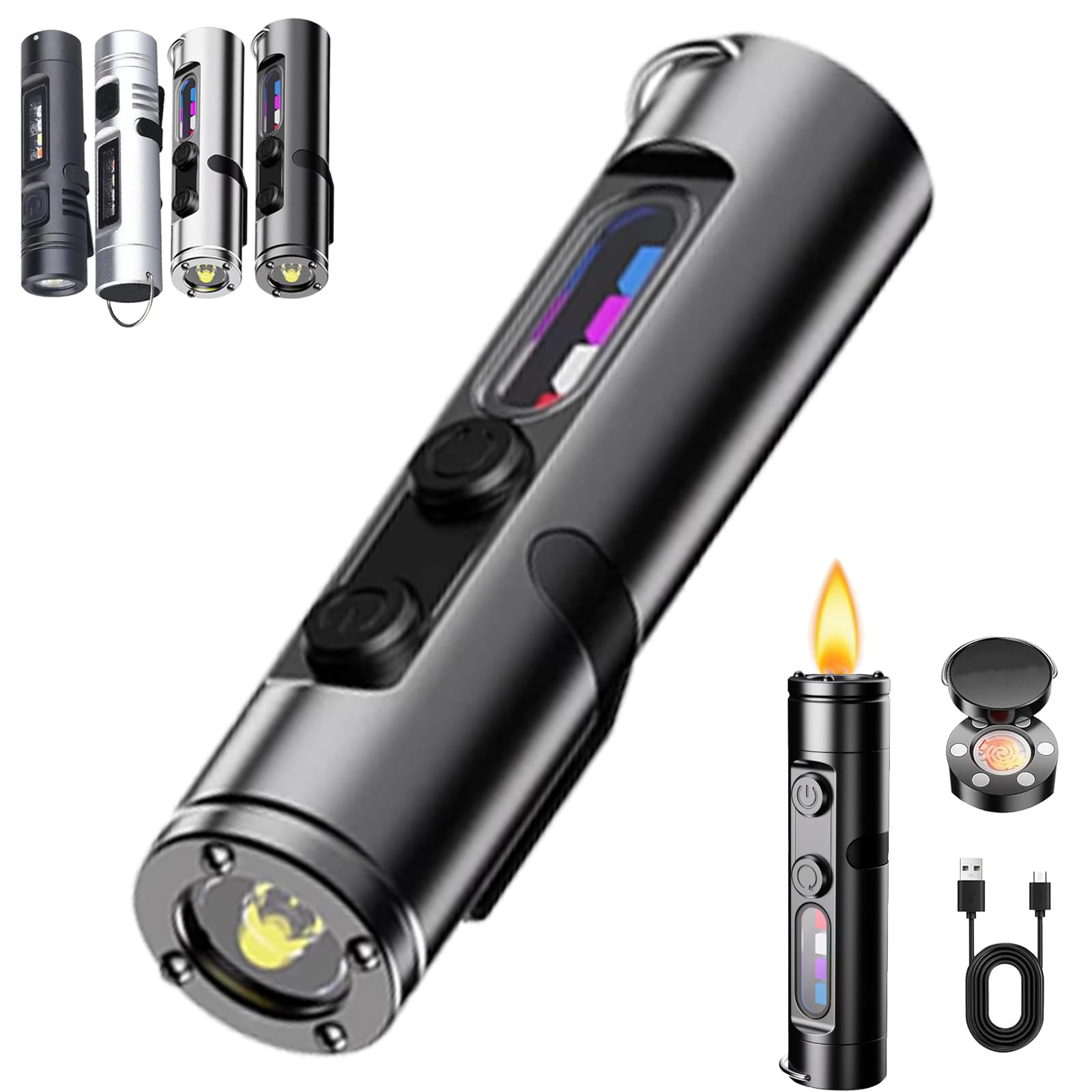Pocket Rechargeable EDC Flashlight: Mini Keychain Light with Fire Starter, 500 Lumens Micro Torch & Tool Combo - Ultimate Everyday Carry Tactical (1, Black Ignition Version)