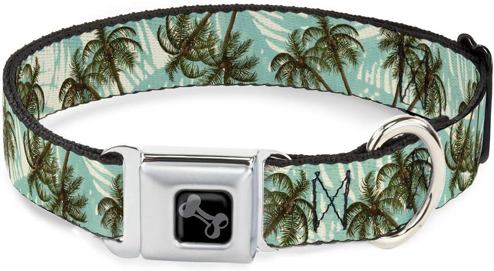 Dog Collar Seatbelt Buckle Palm Trees Swaying Tan Teal 9 to 15 Inches 1.0 Inch Wide