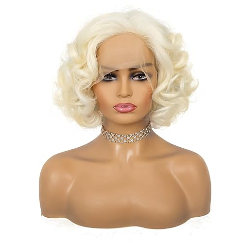 Miniatura 3 de Peluca corta rubia de encaje frontal de los años 20, cabello sintético rizado, línea capilar natural, rubio platino, pelucas de los años 40 y 50