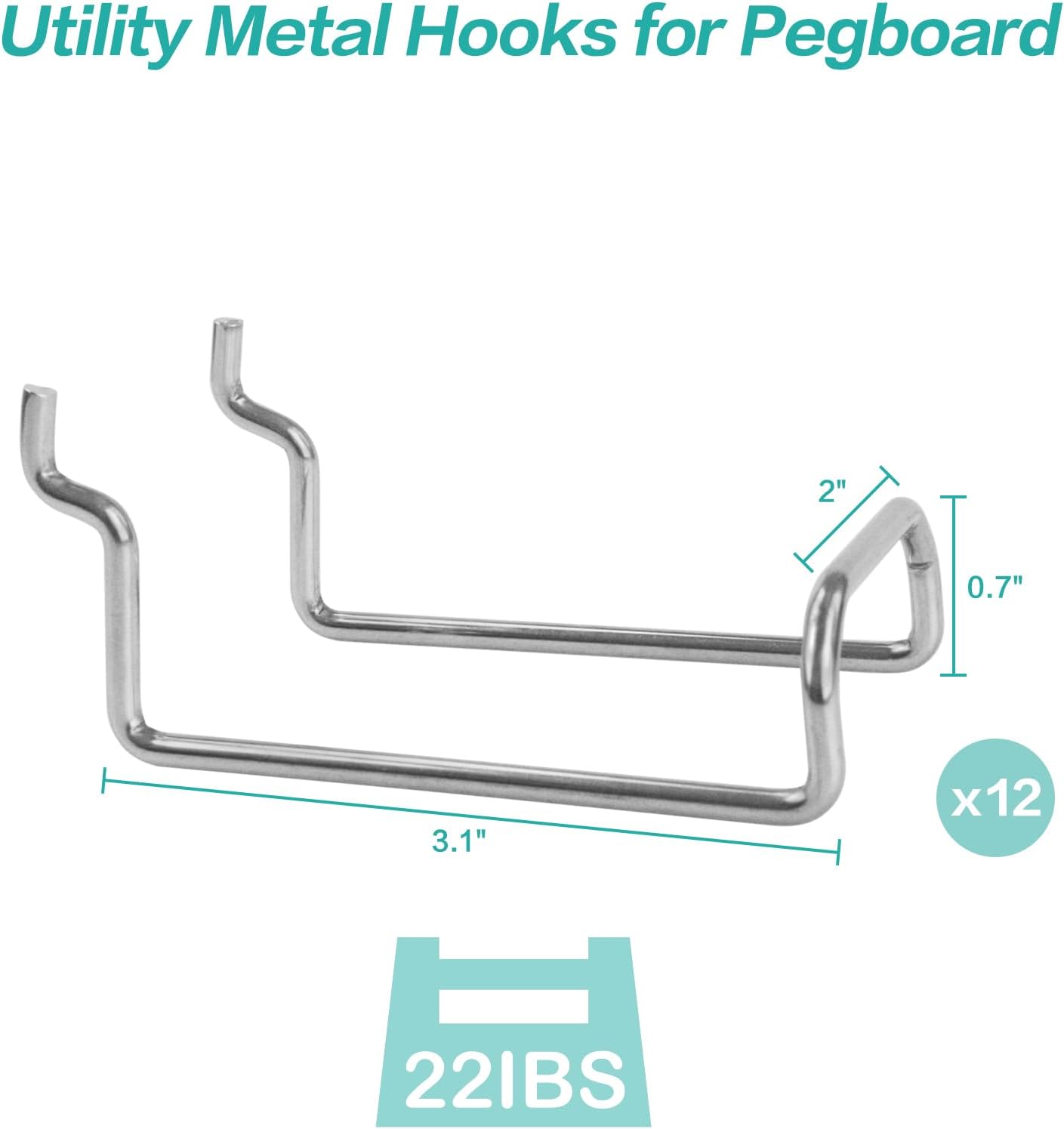 Square Pegboard Hooks 12pcs Dual-Brace Flat L Racks Peg Board (Silver) | 1/4" 3/16" Peg Board Accessories, Heavy Duty Metal Brackets, Tool Hangers for Hammer Plier Power Drill Garage Workbench Craft