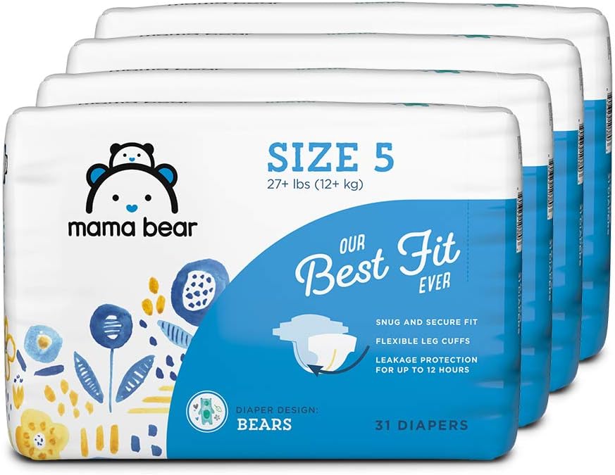 Amazon Brand - Mama Bear Best Fit Diapers Size 5, 124 Count, Bears Print (4 packs of 31) [Packaging May Vary]