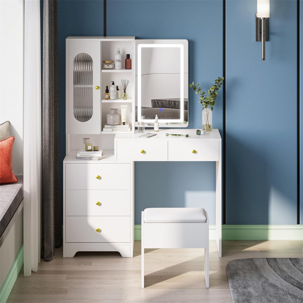 Ozone Furniture Modern White Makeup Vanity Desk with Storage Cabinet | Sliding Hidden LED Mirror, Built-In Storage, Modern Design, White Finish, Makeup Station-image-34