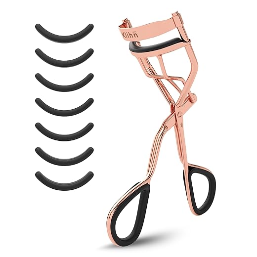 KLIHN – Rizador de pestañas color oro rosa con 8 recambios de goma, moldeador para rizar con unas pestañas perfectas, eyelash curler