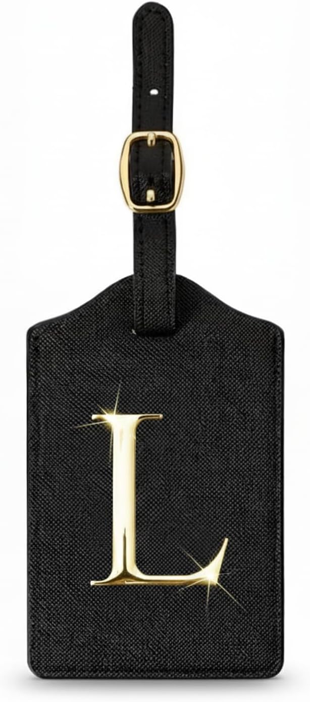 Personalized Initial Letter Luggage Tag for Suitcases PU Leather Baggage ID Tag with Metal Alphabet,Travel Accessory for Backpacks, Bags and Gift for Travelers (Black/Gold-Letter, L)