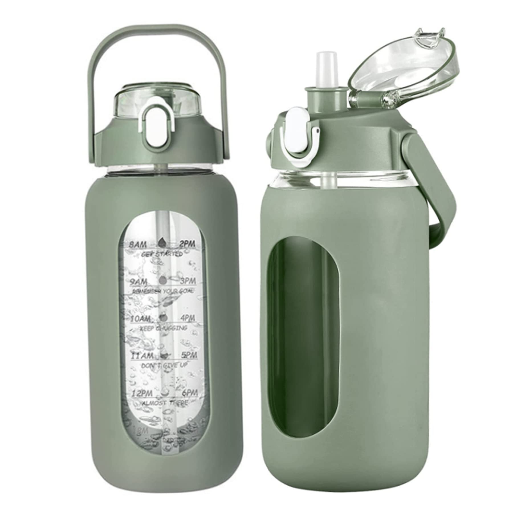 Bouteille d'eau en verre 64 oz gourde sport avec marqueur temporel et paille verte