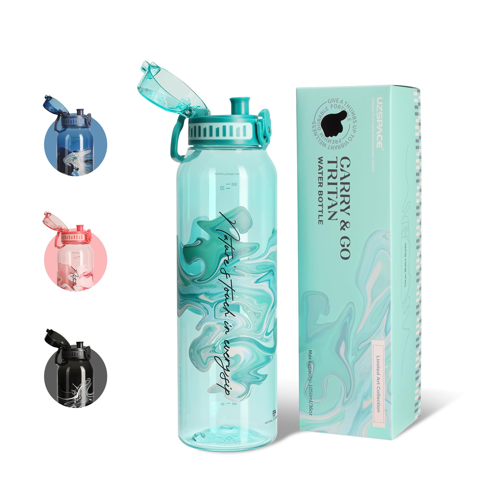 UZSPACE Water Bottle 1l (1050ml) with Handle - BPA Free Drinking Bottles for Adults - ArtisticPrint Water Bottle - Leakproof Gym Bottles - Ideal for Sports or Fitness & Outdoors Teal