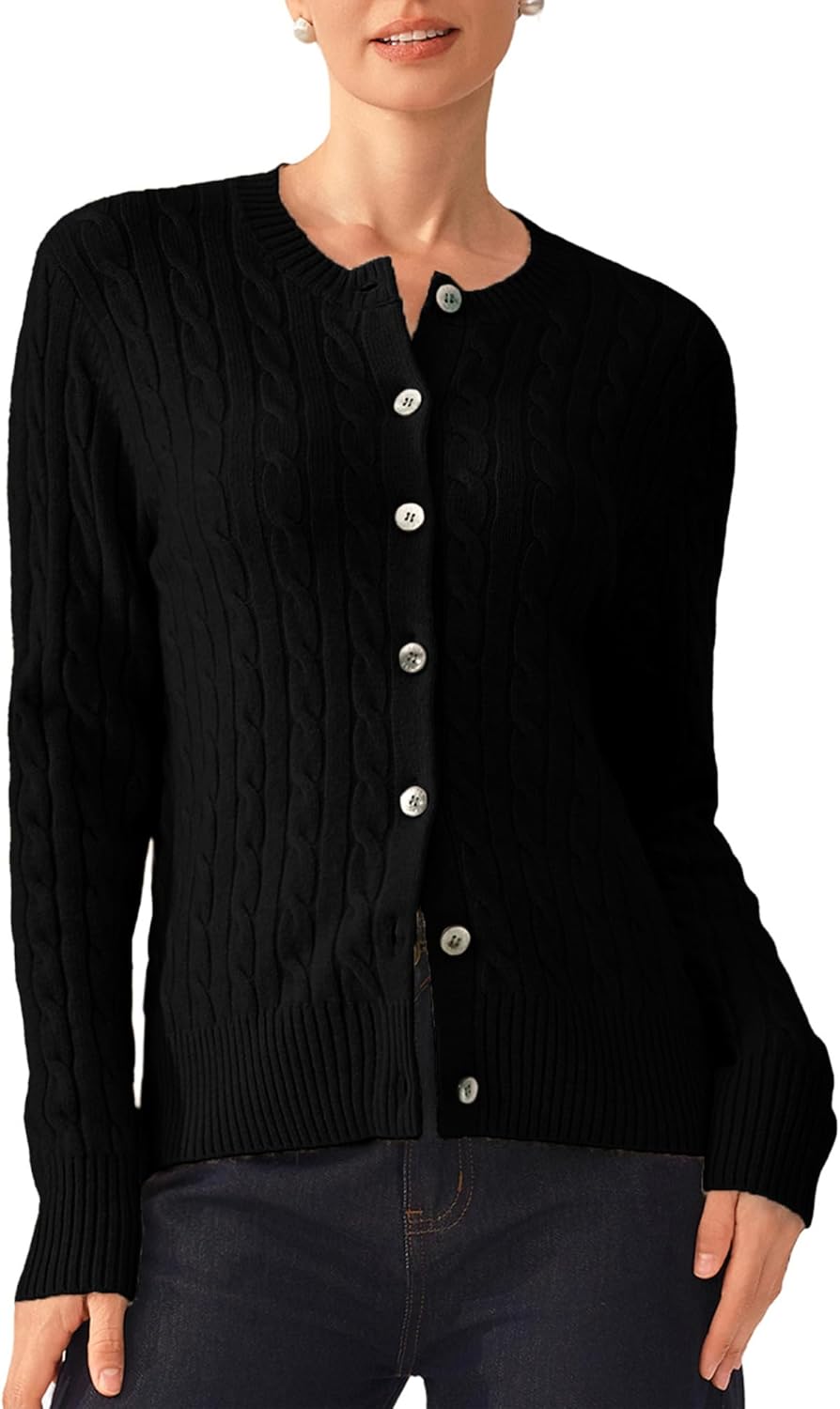 KVSS 100% Pure Cashmere Cardigan for Women Cable-Knit Crewneck Button Up Cardigan Sweaters | Luxury from Inner Mongolia