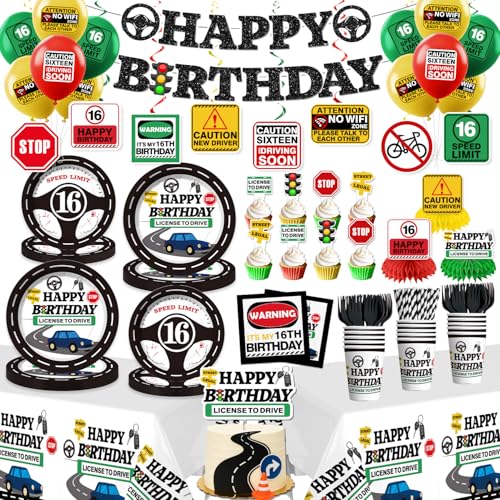 16th Birthday Decorations for Boys, Driver's License Party Banner Plates and Napkins Set Serve 20 Guests License to Drive Tablecloth Decorations Car T