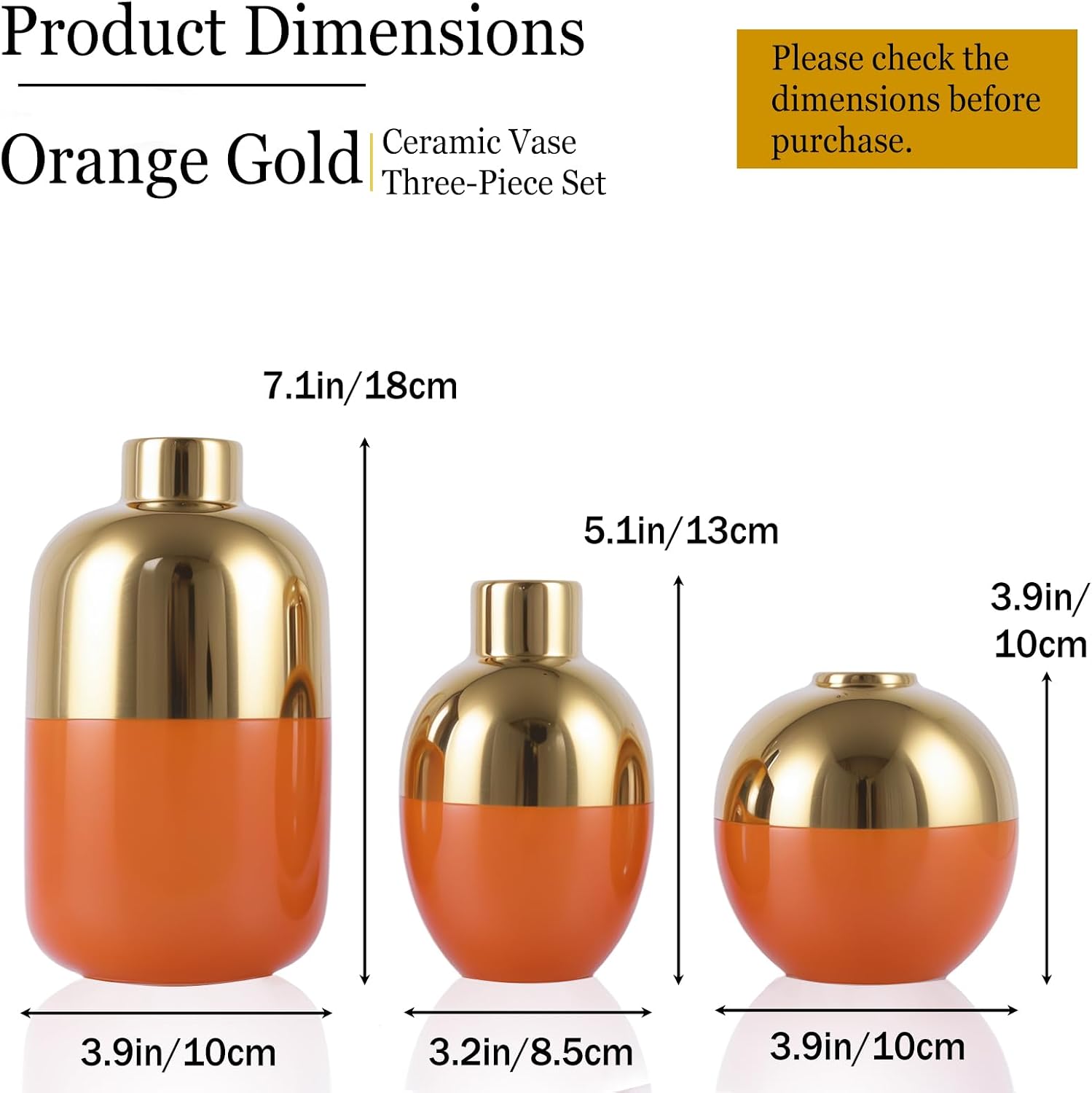 Burnt Orange & Gold Ceramic Vase Set of 3, Modern Round Circle Electroplated Two-Tone Decorative Vases for Pampas Grass, Dining Table Wedding Centerpiece, Living Room Bedroom Office Bookshelf