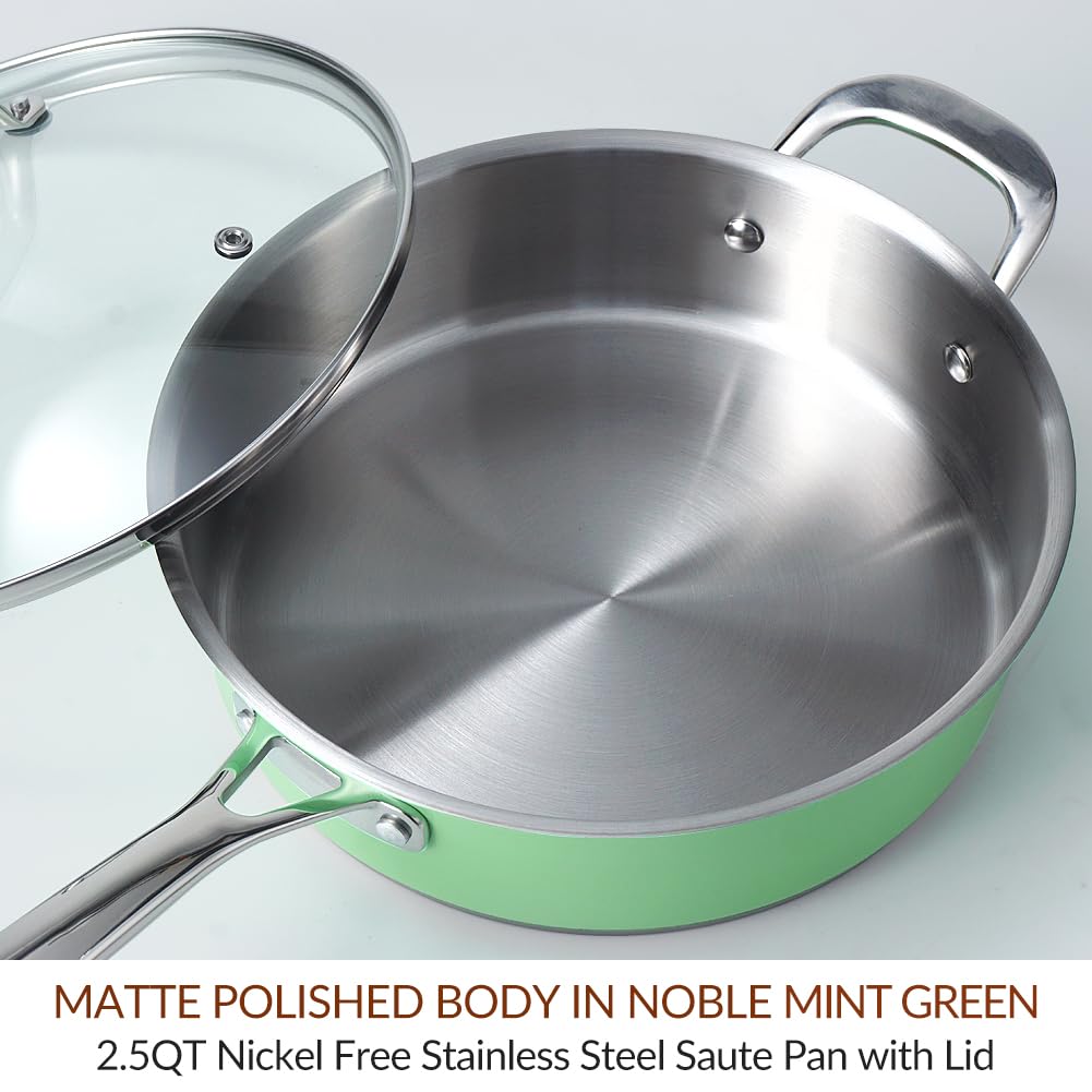 HOMICHEF 24 CM Verde Menta Sartén de Acero Inoxidable sin Níquel con Tapa de Cristal - 2.37 L Sartén Honda No Tóxica para Cocinas de Inducción Apta para Horno