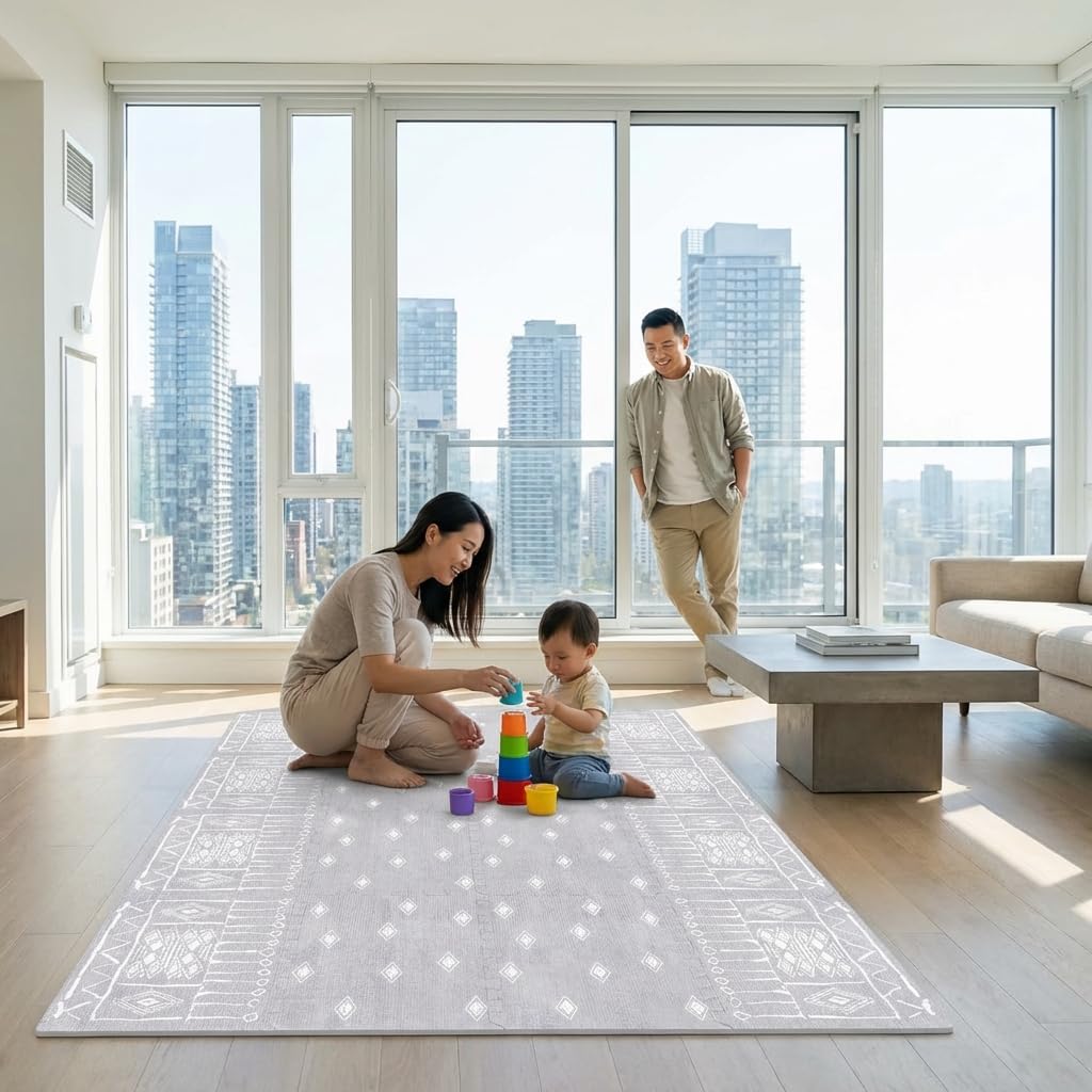 Premium Soft Foam Play Mat for Baby, 5.6 x 4 ft, Easy to Clean - The Perfect Modern Foam Playmat Fits Nicely with Your Kids Playroom Or Home Decor 0.5" Thickness (Ash Starlight)