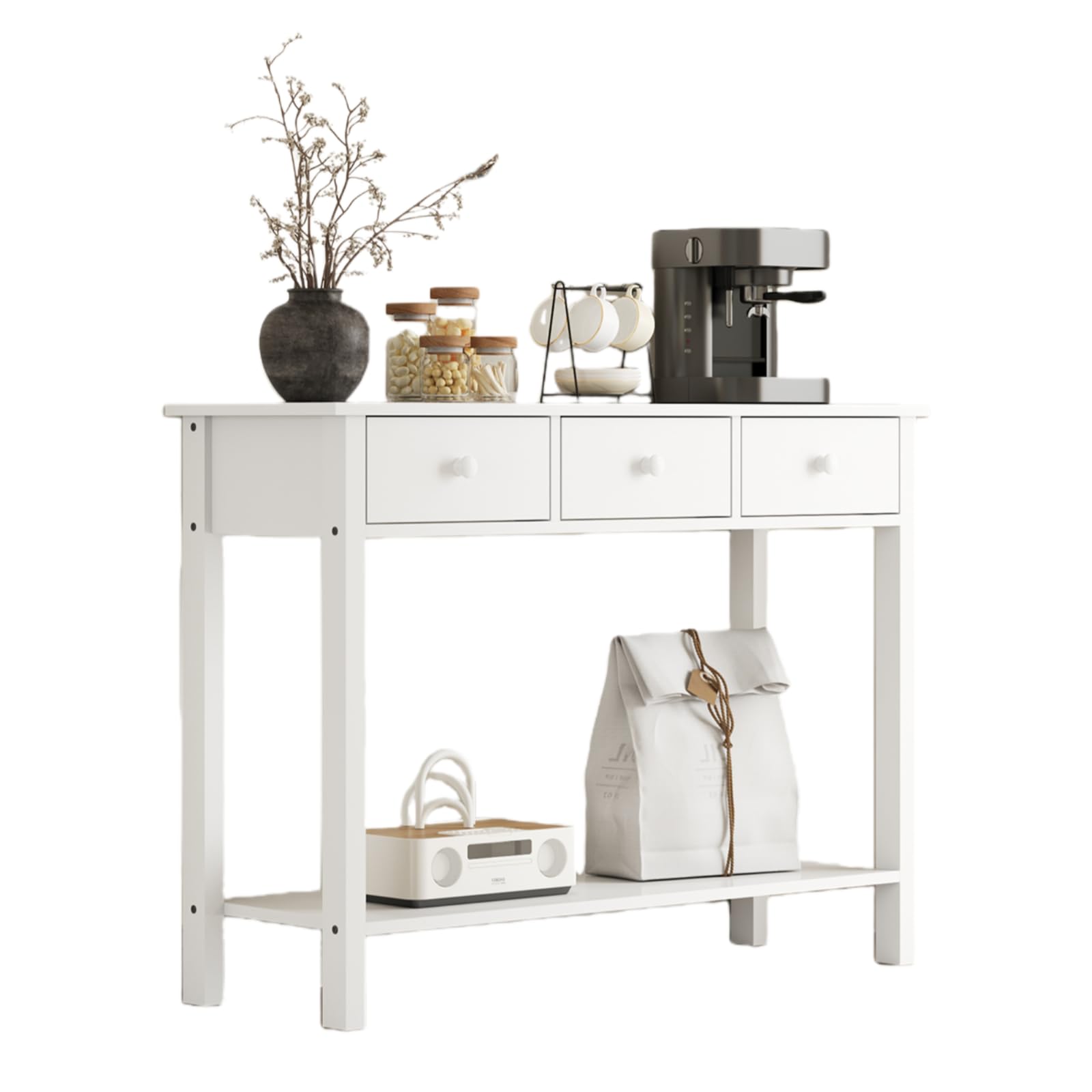 Pantanal White Hallway Console Table 3 Drawers with Storage Shelf for Corner Entryway Bedroom Living Room 100CM (White Handle) — image 1