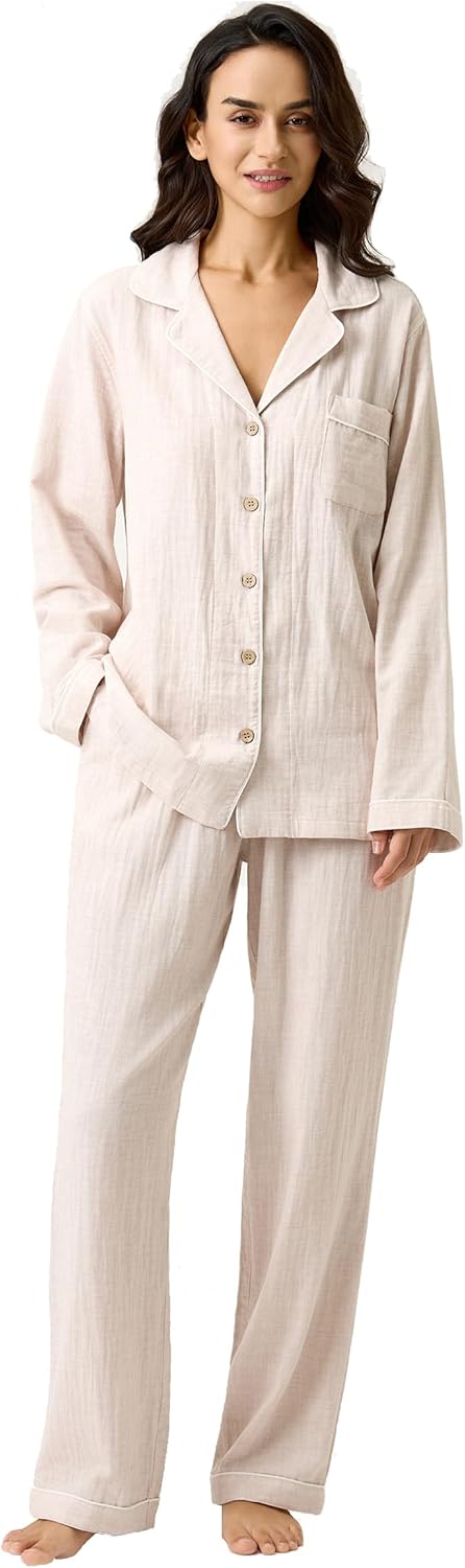 BESTOUCH Women's Pajama Sets 100% Pure Cotton Muslin Linen Feel Sleep Shorts Pjs 2 Piece Soft Sleepwear Lounge Set for Women