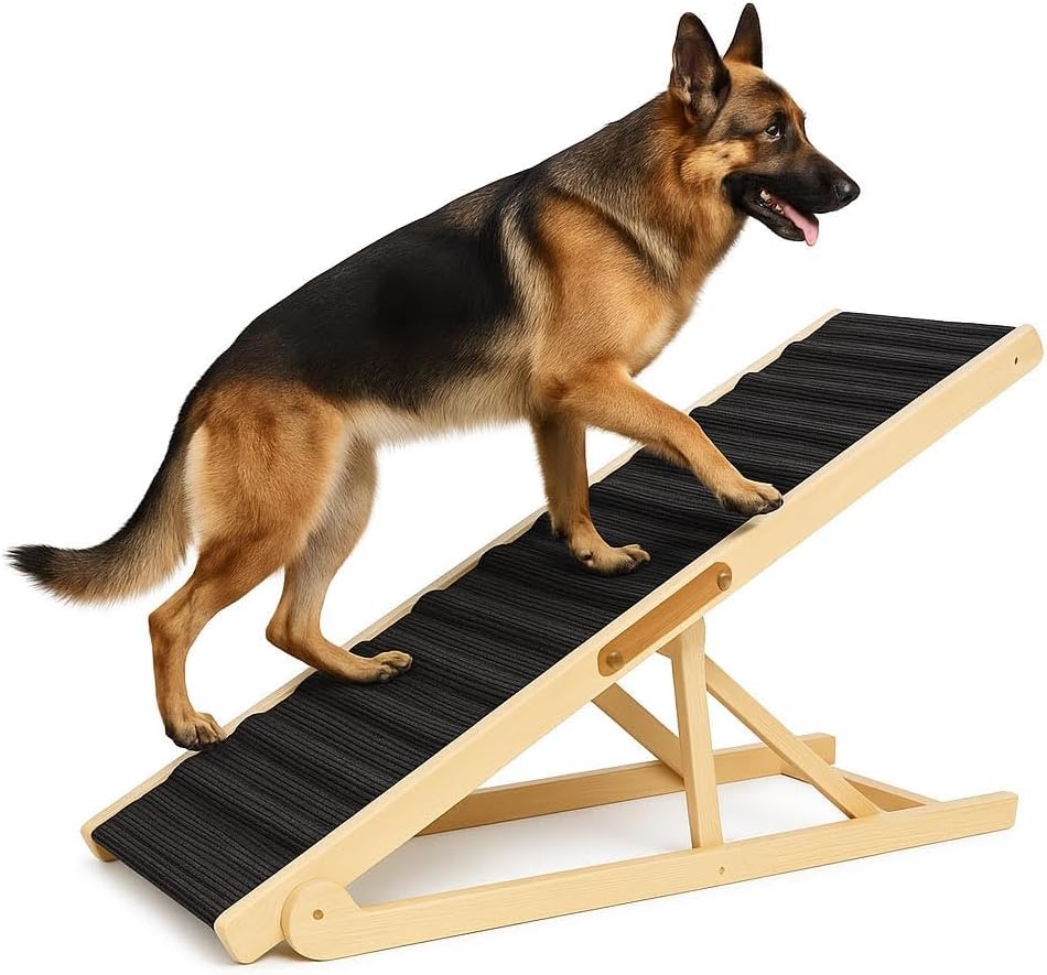 ELY UNIVRSAL Adjustable Dog Ramp for Bed – 12.2 to 25.5 Inches Foldable Pet Ramp for Large Dogs, Solid Wood Ramp for Dogs to Get on Bed, Couch – 200 LBS Load, Non-Slip