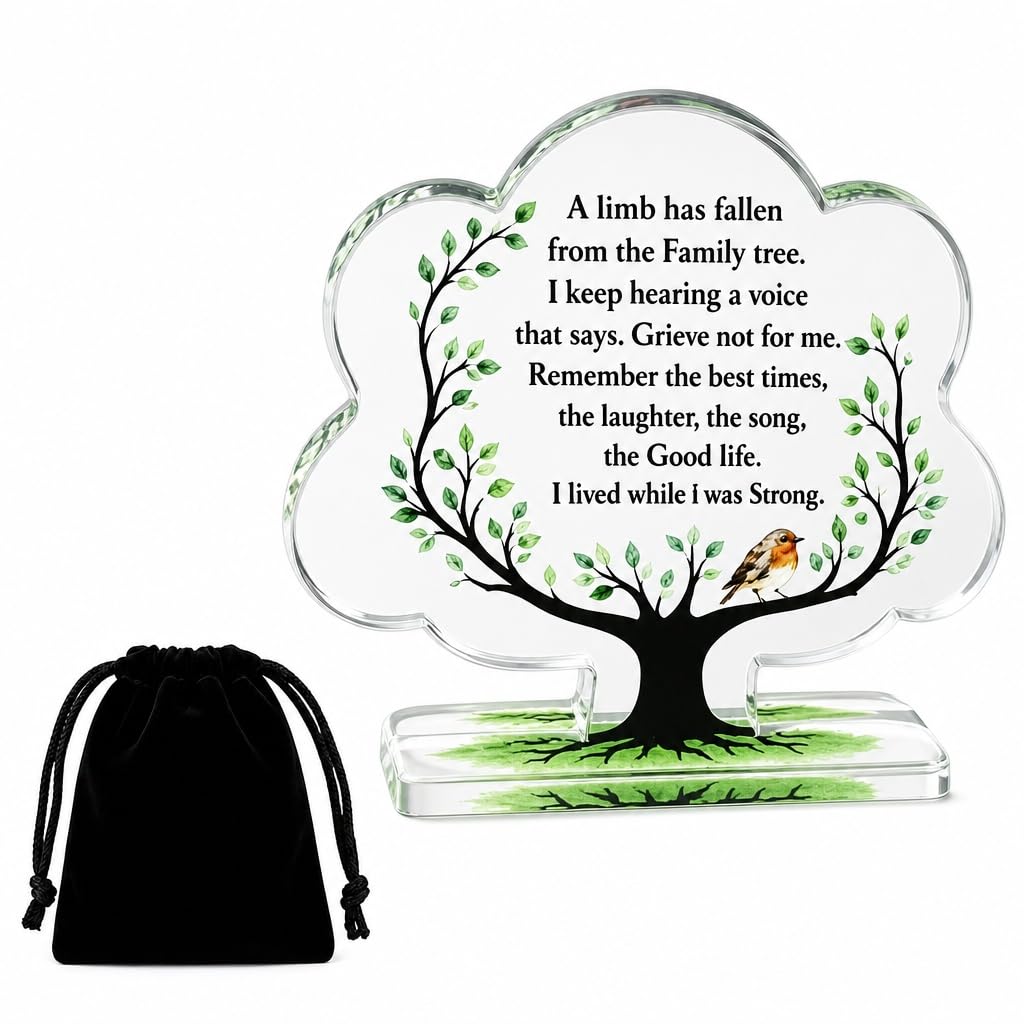 Mitibet Memorial Gift, High Quality Acrylic Plaque, Loss of Loved One Grave Ornament, Bereavement Sympathy Gift, Family Tree Robin Ornament, Funeral Keepsake, In Loving Memory, 10 x 10 x 1 cm