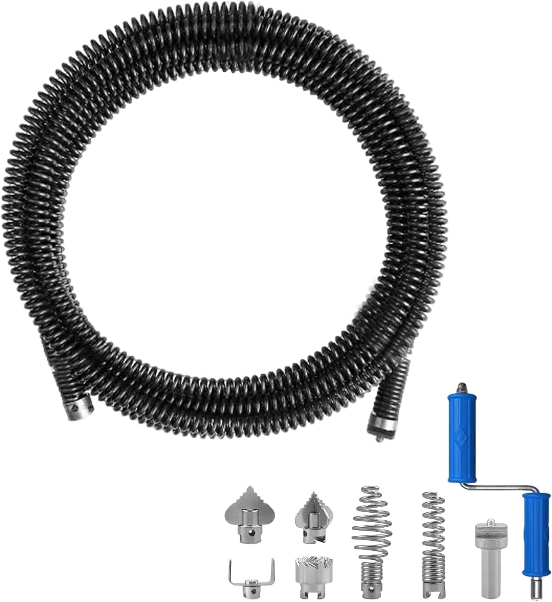 Cable de limpieza de tuberías de plomería tipo serpiente de drenaje de 32.8 pies x 1/2" con 6 cortadores | Acero inoxidable de alta resistencia, adaptador manual y eléctrico, alimentación automática, diseño de núcleo hueco, cuchillas intercambiables, para fregaderos y bañeras