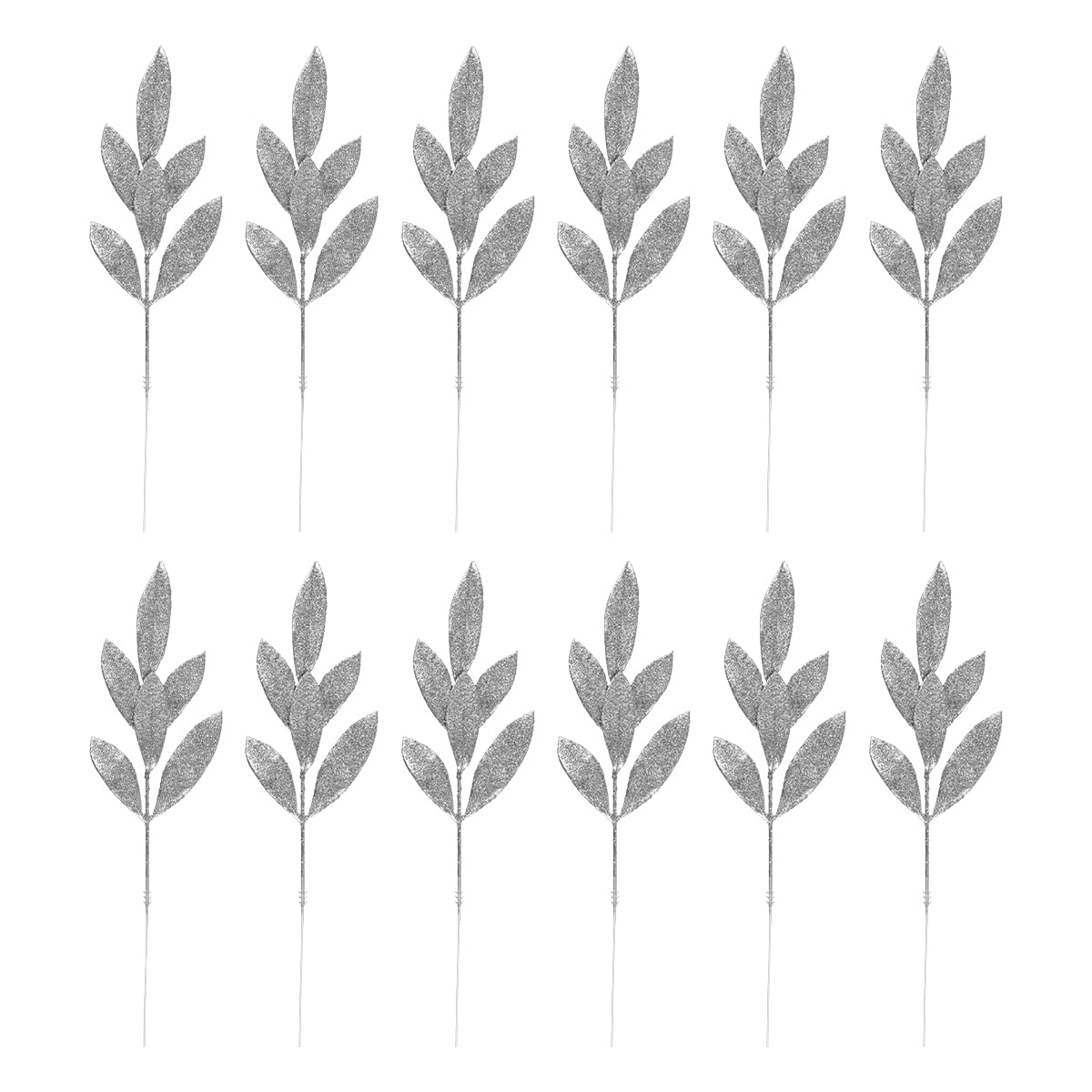 Lotsdonxia 12 Pcs Artificial Glitter Leaves Branches - 13.1 Inch Silver Christmas Tree Picks for DIY Crafts, Xmas Wreaths, Garland Arrangements and Holiday Home Decor (Silver)
