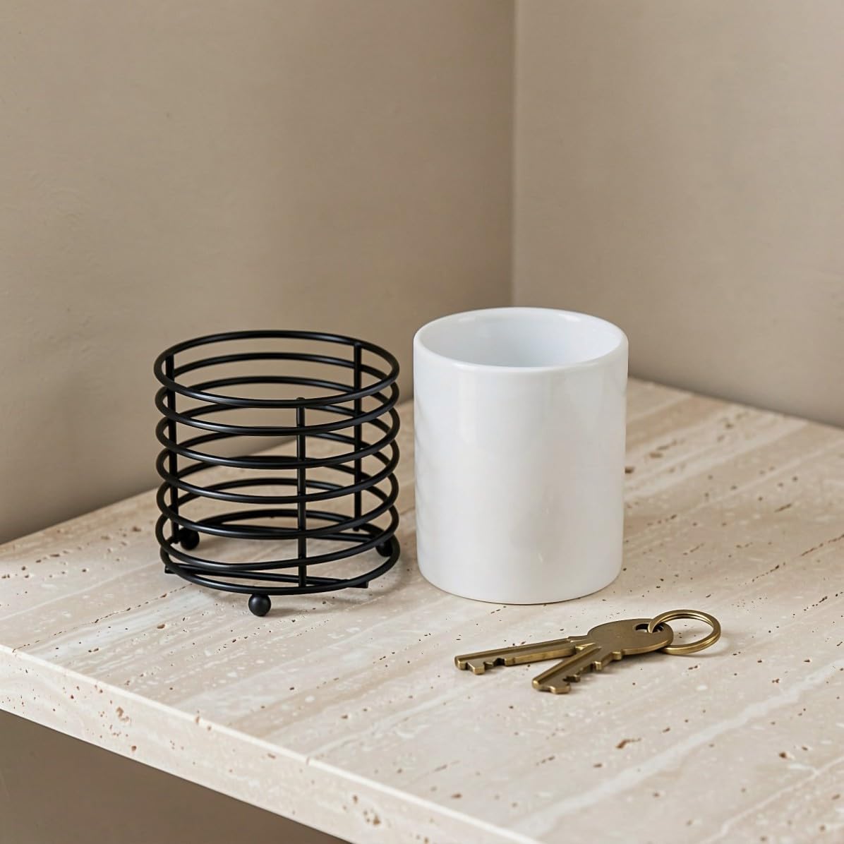 Didiseaon White Ceramic with Black Wire Bracket 2pcs Brush Organizer Cup