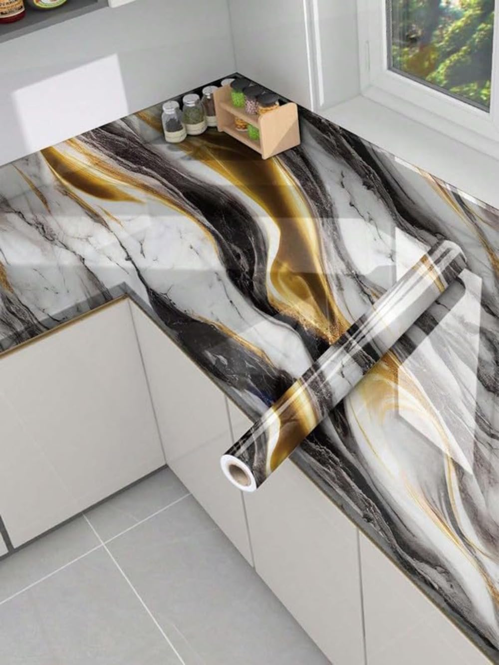 JB'S LAND New 2024 Vinyl Marble Wallpaper Peel and Stick Waterproof Wallpaper for Home Kitchen Countertop Cabinet Furniture Oil Proof Kitchen Stickers(60X200) (Luxury Black Gold Marble)