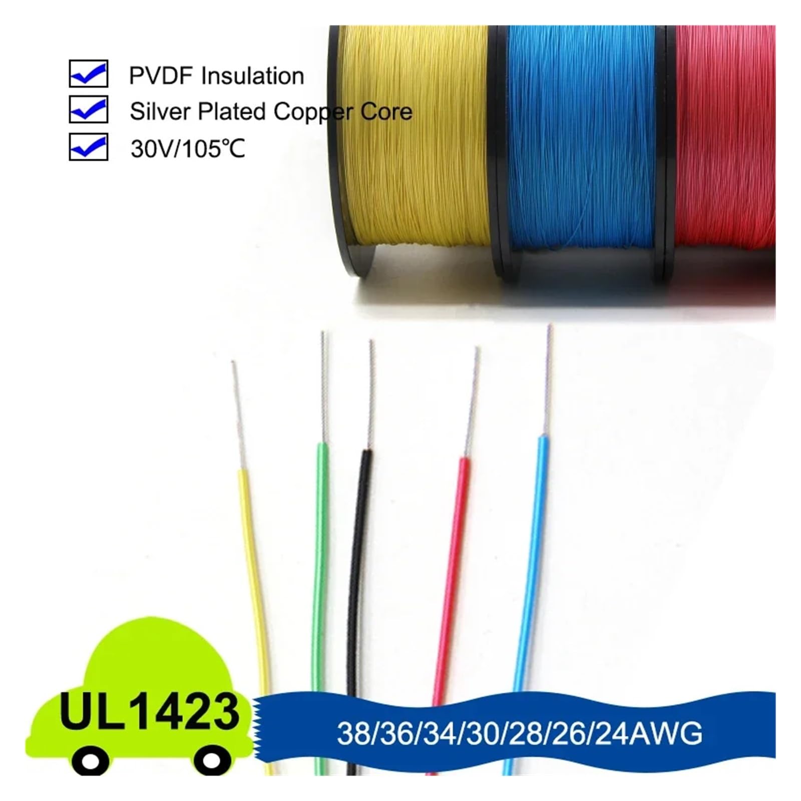 10/50/100M UL1423 PTFE Micro Alambre Fino núcleo único Cobre Chapado en Plata 38/36/34/30/28/26/24AWG Cable electrónico Aislado PVDF(Purple,100 Meters,34AWG)