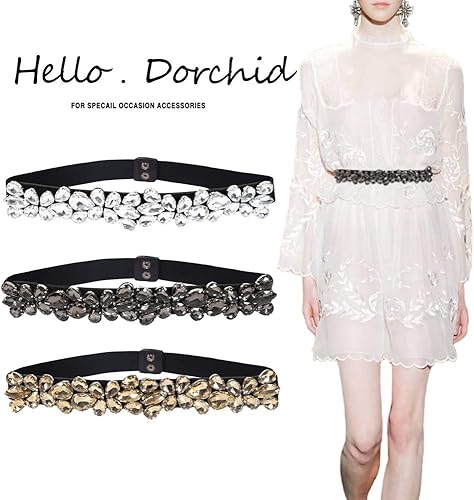 Miniatura 3 de Dorchid Cinturón ajustado con diamantes de imitación para mujer estampado floral elástico para mujer