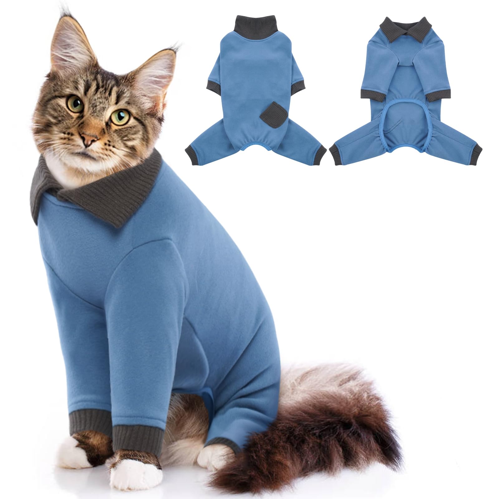 DENTRUN Cat Onesie Cat Pajamas Polo Neck Pullover Cloth for Cats Only Brethable Elastic Kitten Jumpsuit Hair Collection Outfit Outdoor (Blue, L)