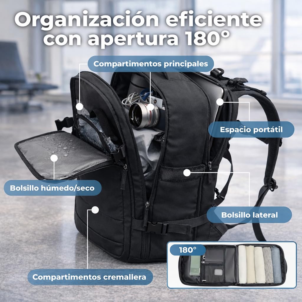 Mochila Viaje Cabina Avion 40x20x25 compatible con Aerolineas Maleta Cabina con apertura 180°, puerto USB y compartimentos organizados Mochila Viaje ligera impermeable Mochila Mujer (Negro)