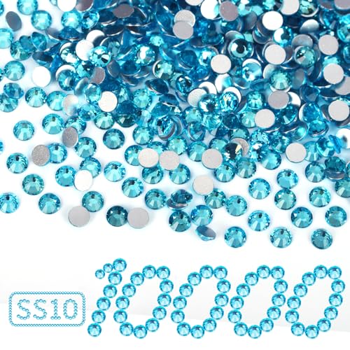 Image of 10000PCS Aquamarine Rhinestones Bulk, Flat Back Crystal Glass Stone Round Gems,SS10, 2.7-2.9mm