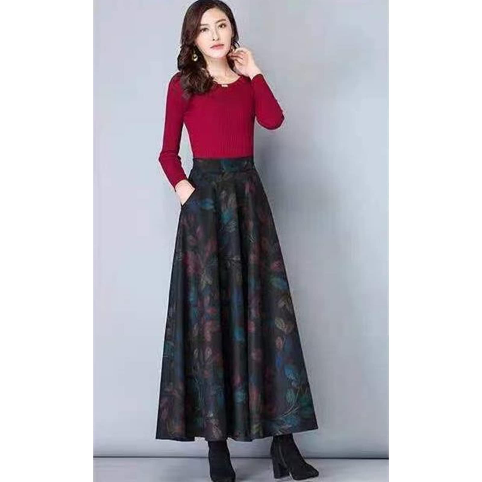 Falda larga de oficina, falda elegante, cálida, versátil, de cintura alta, acampanada, maxi, color, 44