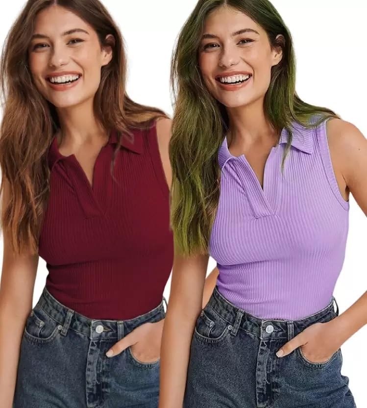 kt style Women's Lycra Ribbed Polo Collared Regular Fit Sleeveless Full Length Tops Combo Pack of 2-picture-20