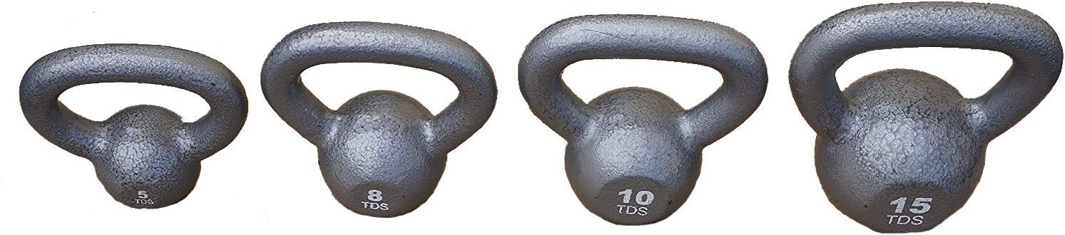Solid High Grade Cast Iron 4 pc Kettlebell package consists of: 5, 8, 10 & 15lb. each - For Strength, Conditioning Training.