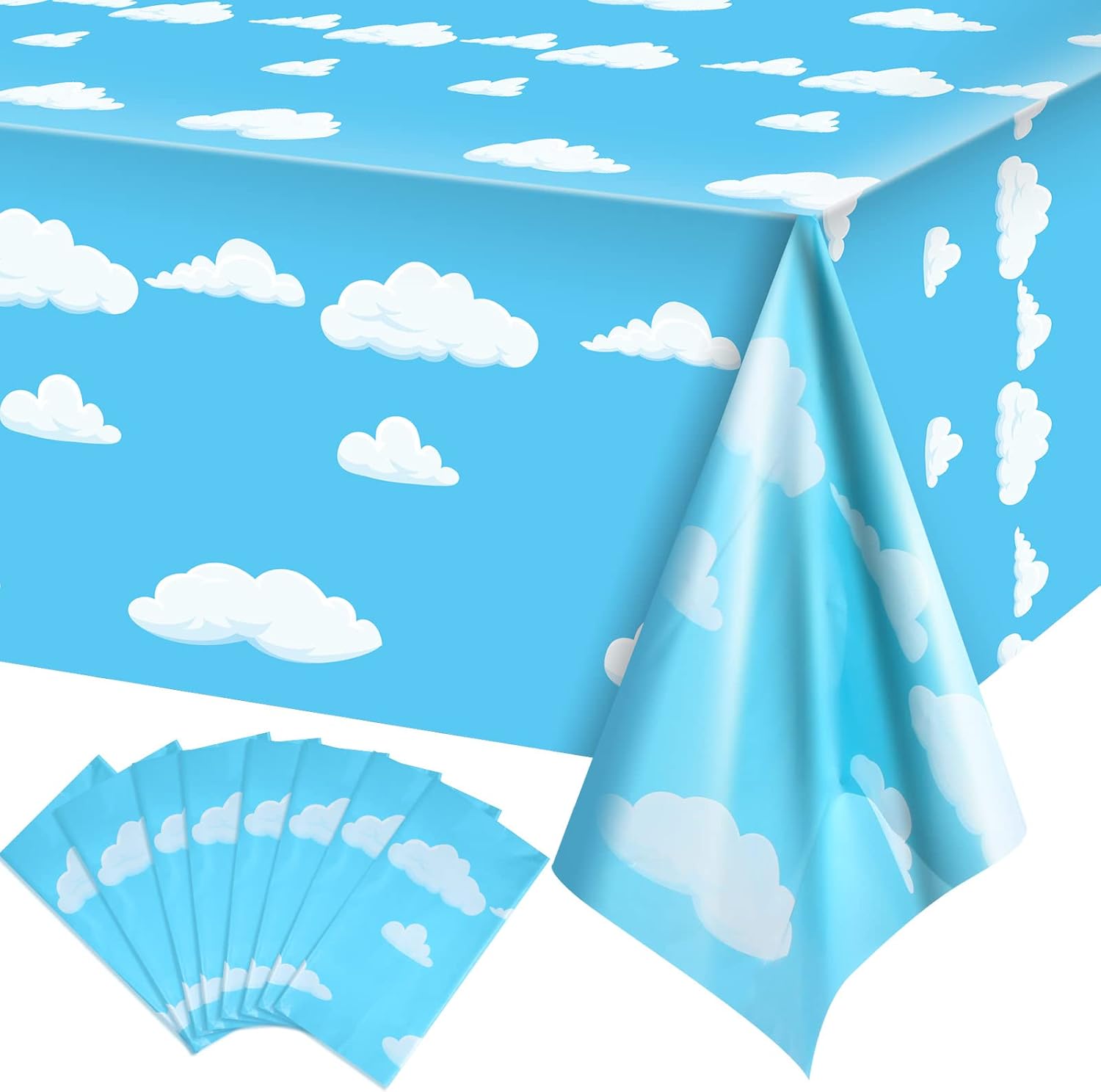 Tatuo Blue Sky White Clouds Birthday Party Supplies Cartoon Story Tablecloth Party Table Cover Cartoon Table Banner for Baby Kids Shower Birthday Decorations, 54 x 108 Inch(8 Pieces)