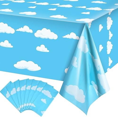 Tatuo Mantel de fiesta de cumpleaños con diseño de cielo azul y nubes blancas, mantel de dibujos animados para fiesta de bebé y niños, cubierta de
