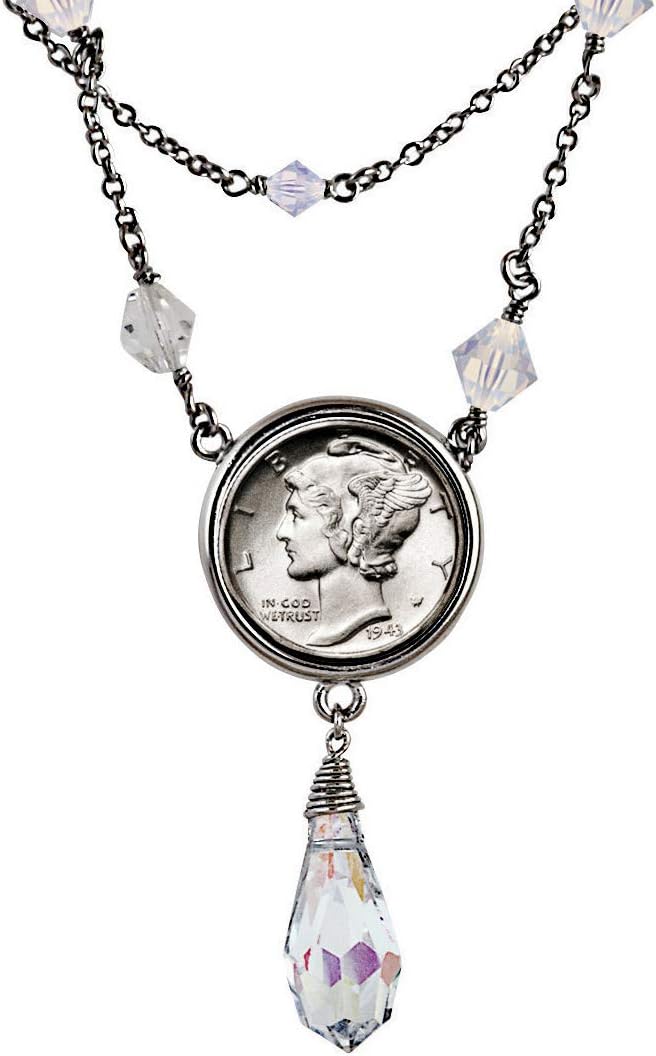 American Coin Treasures Double Strand Mercury Dime Aurore Boreale Crystal Beaded Drop Necklace