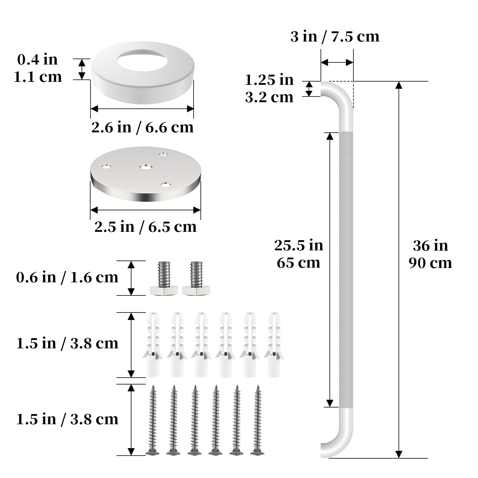 Barra de agarre blanca para ducha de 91,4 cm - 3,18 cm de diámetro, barra de agarre de baño iHansee con agarre estriado antideslizante, barras de seguridad de baño de acero inoxidable para personas