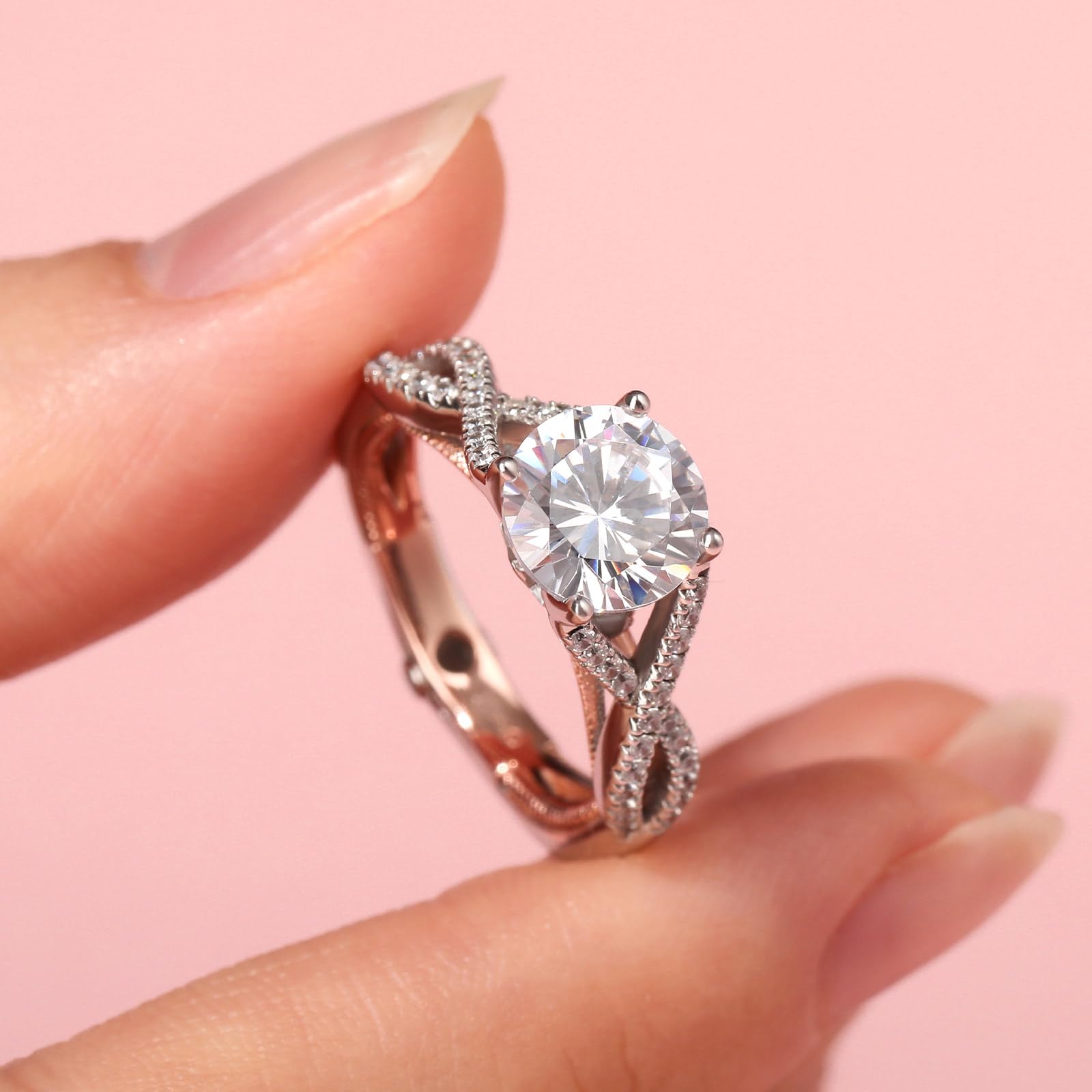Jeulia Anillos de dos tonos de plata esterlina para mujer: Anillo de filas de torsión de eternidad de corte redondo Anillo de compromiso de promesa Anillo de compromiso de joyería de circonio cúbico
