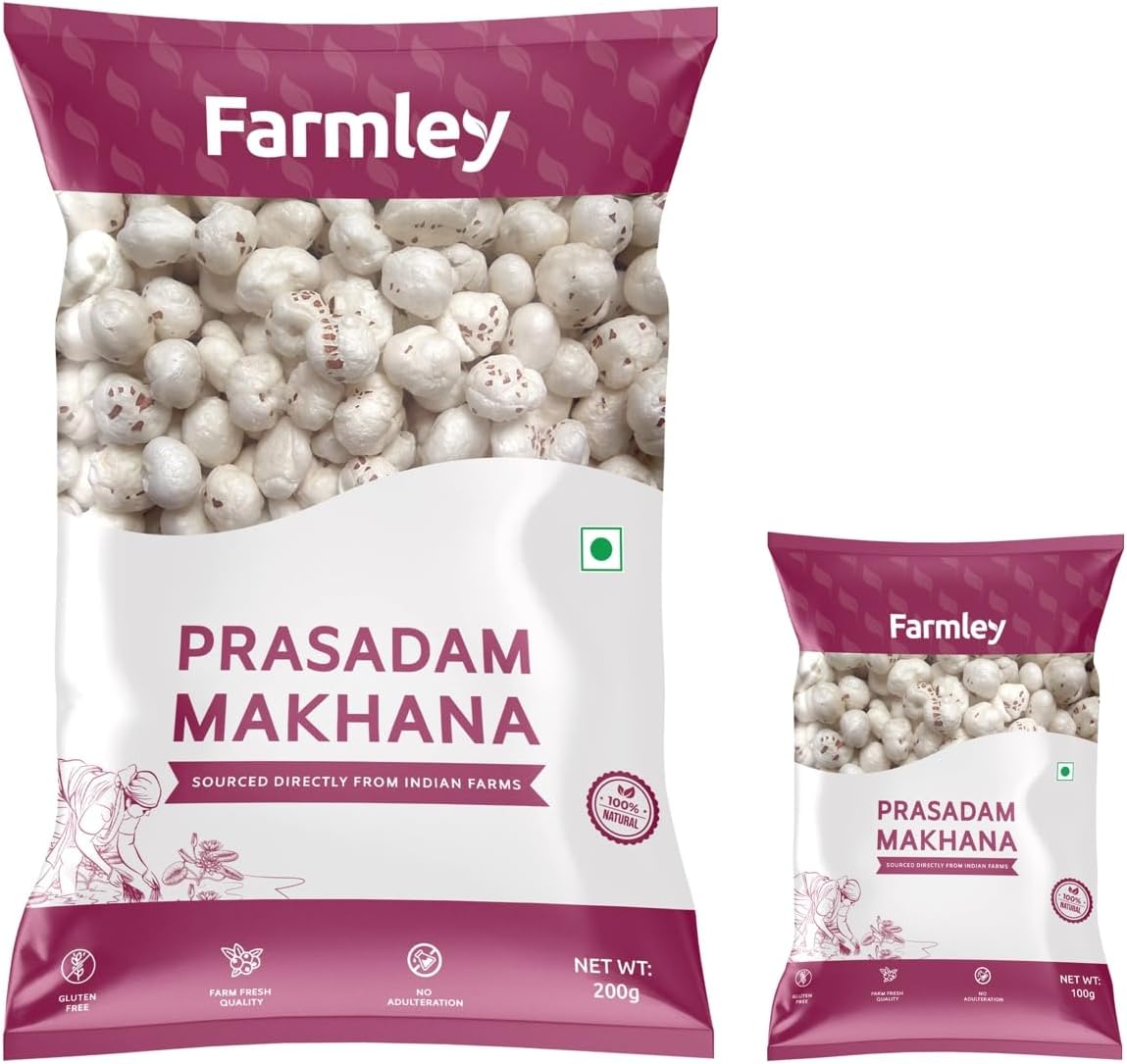 Farmley Prasadam Makhana, 100% Natural & Crunchy (200 G) & Prasadam Makhana Fox Nuts 100 G | Big Size Phool Makhana Indian Snacks