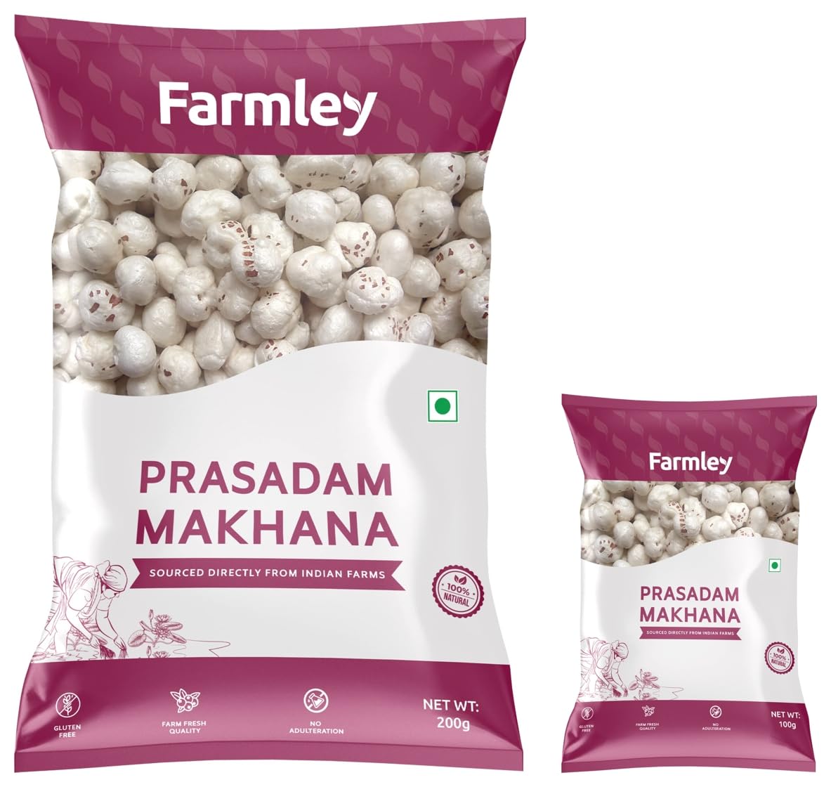Farmley Prasadam Makhana, 100% Natural & Crunchy (200 G) & Prasadam Makhana Fox Nuts 100 G | Big Size Phool Makhana Indian Snacks