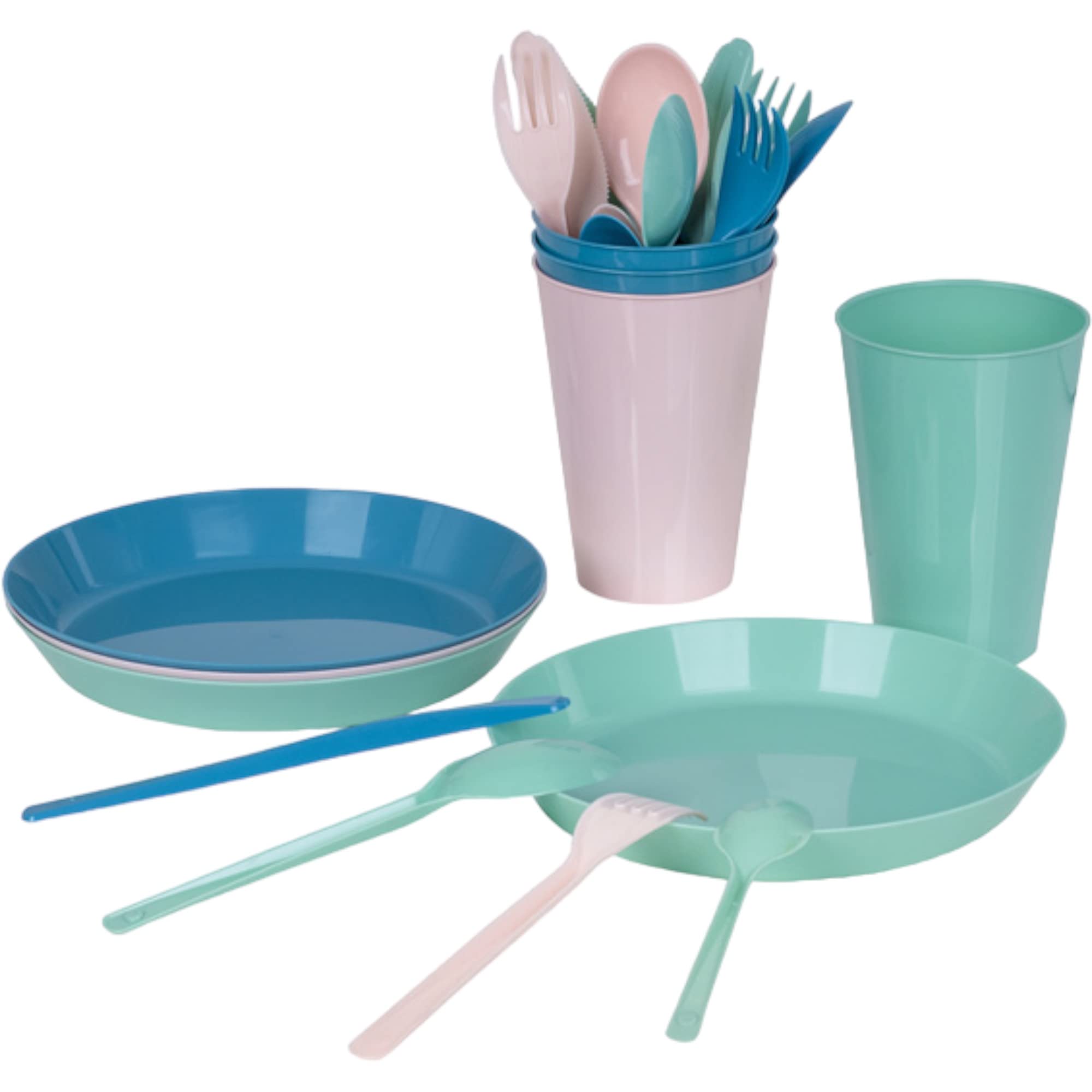 TIENDA EURASIA - Vajilla Completa Reutilizable, Set de 24 Piezas para Picnic, 4 Servicios, Incluye Platos, Vasos y Cubiertos (Colores Pastel)