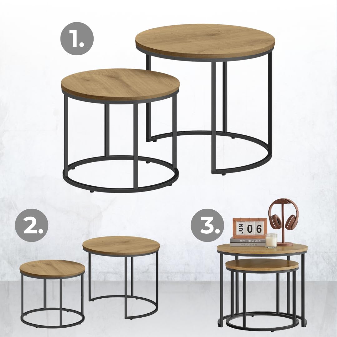 FORTENA 2er Set Couchtische, Schwarze oder goldene Metallbeine, Industrial-Stil, Raund (Eiche – Schwarze Tischbeine)