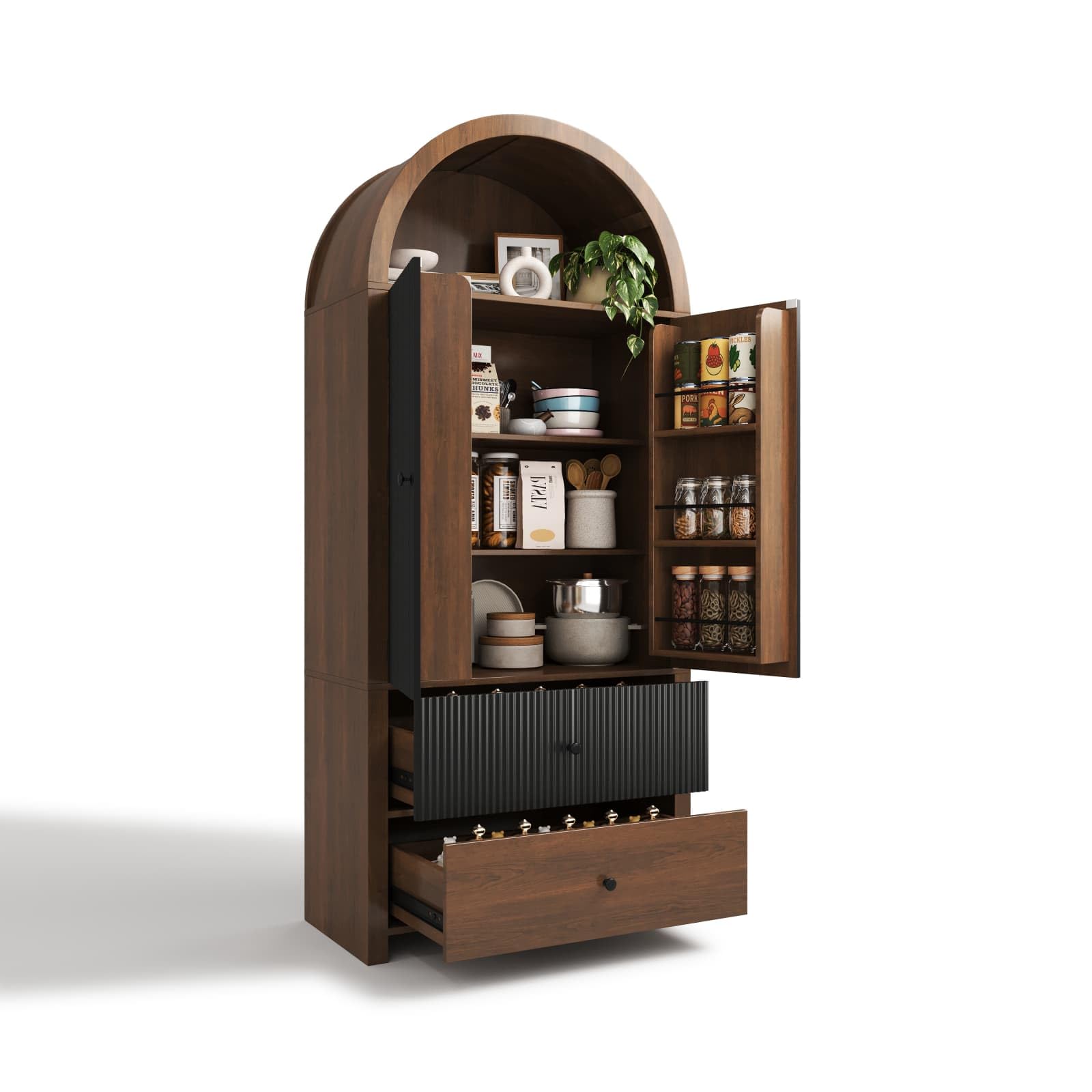 KOMHTOM Armoire de Rangement Haute, Armoire en Bois, Meuble de Rangement, Conception avec Dessus Incurvé, 3 Tiroirs, 2 Portes, pour Cuisine et Salon (Noir+Naturel)
