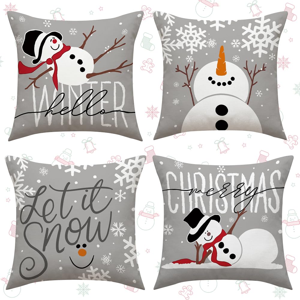 Set Di 4 Copricuscini Natalizi 45x45 Cm - In Lino, Stampa Digitale Vivace, Per Divano, Sedia, Letto, Decorazioni Casa