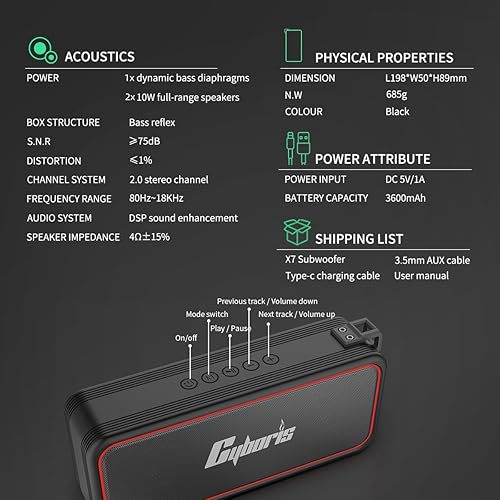 Miniatura 8 de CYBORIS Altavoz Bluetooth portátil, altavoces inalámbricos con sonido HD de 20 W, IPX7 impermeable, Bluetooth V5.3, emparejamiento estéreo dual,
