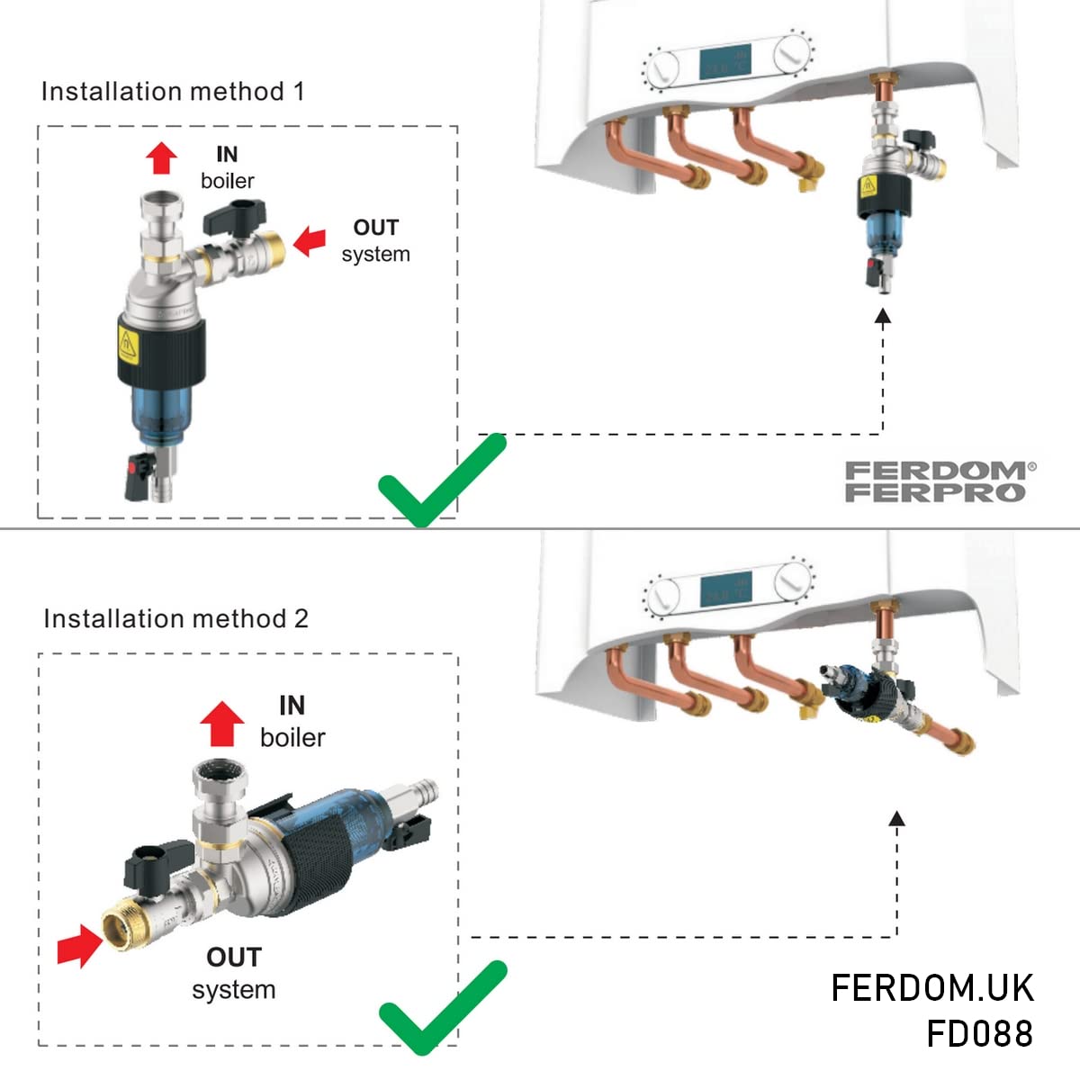 FERDOM FD088 EASY-MAG Filtre Séparateur de Saleté Magnétique Sous Chaudière 3/4". Même le Système Solaire. Filtre 500mμ. Facile à Installer et à Utiliser. Tête en Laiton, Boîtier en ABS.