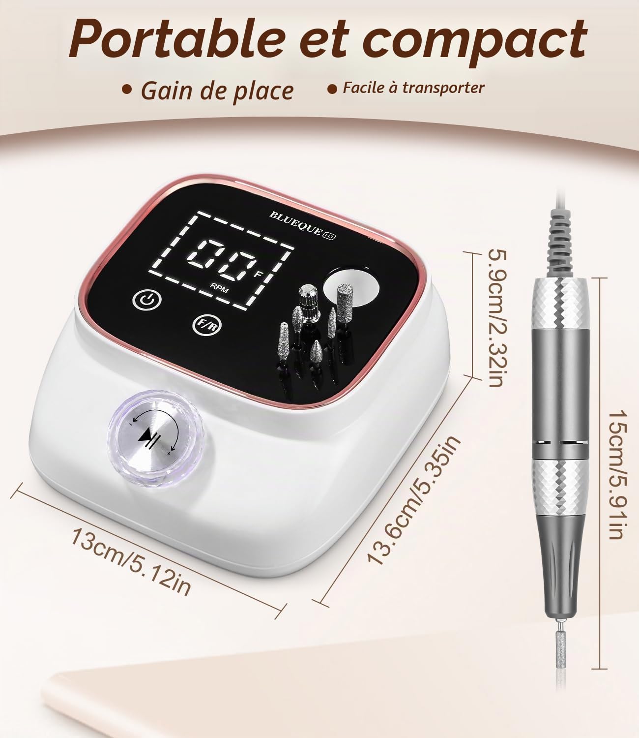 Zawaer Ponceuse pour Ongles 45,000RPM, Professionnelle Lime A Ongle Electrique, Ponceuse Ongles avec Écran LCD, Ensemble d’accessoires Kit avec Manucure Pédicure, pour Salon, Usage Maison Or Rose
