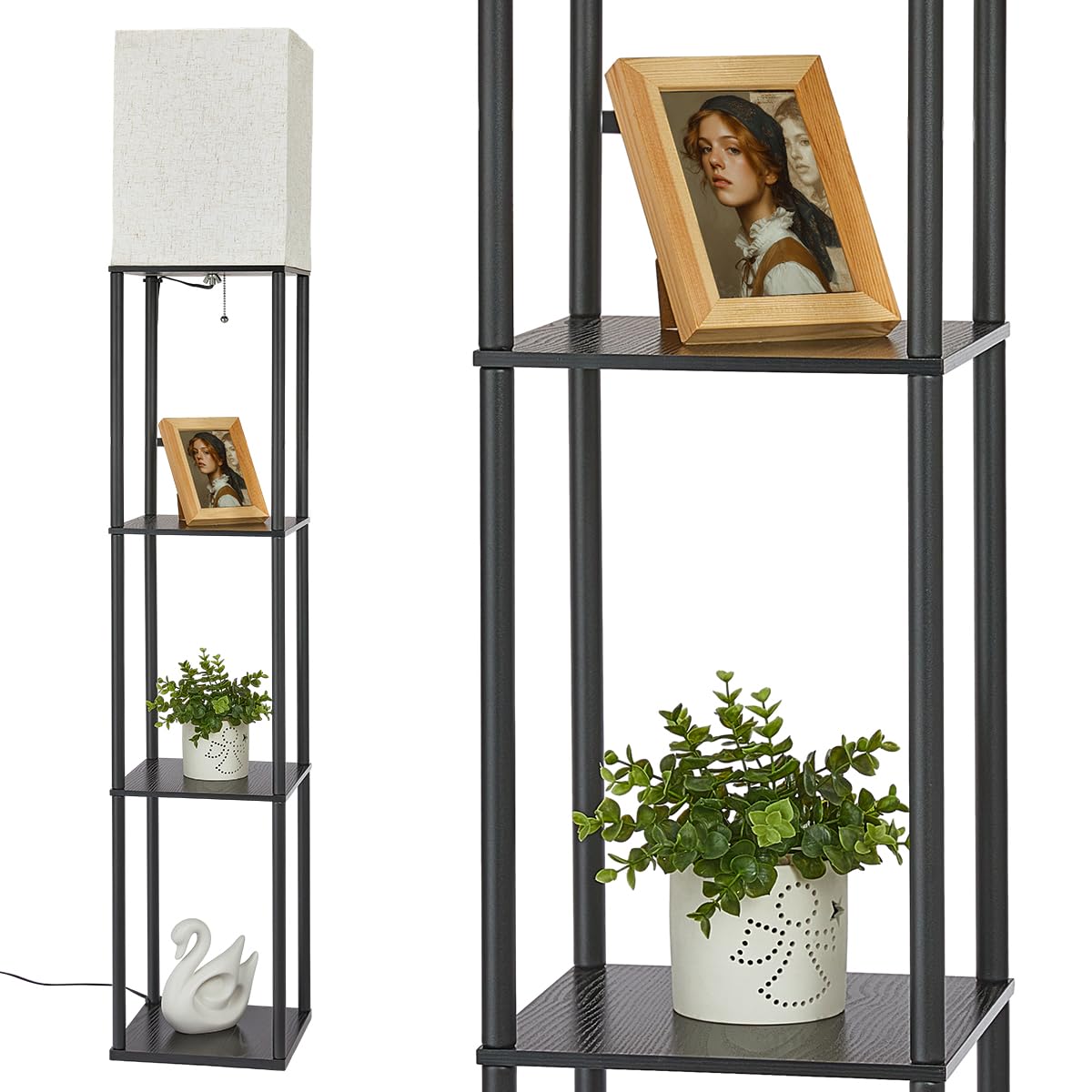 IPARTS EXPERT Lámpara de Pie Madera con Estante, LED Regulable de 3 Temperaturas de Color, Incluye E27 Bombilla, para Salón, Dormitorio y Oficina, Decoración Vintage (Negro)