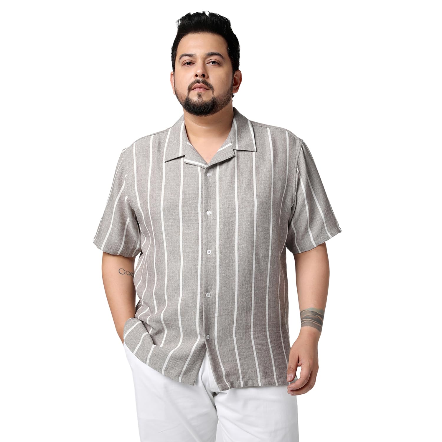 urbano plus Men's Cotton Half Sleeve Relaxed Fit Linen Striped Shirt with Cuban Collar-picture-33
