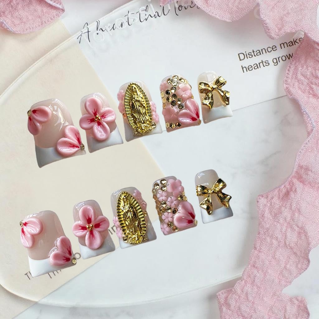 Handmade Press on Nails Short Duck Shaped Fake Nails White French Tip Muti-Layer Gel Fake Nails 3D Rhinestones Bow and Flower Designs Thick False Nails Full Cover Stick on Nails for Women (Size M)