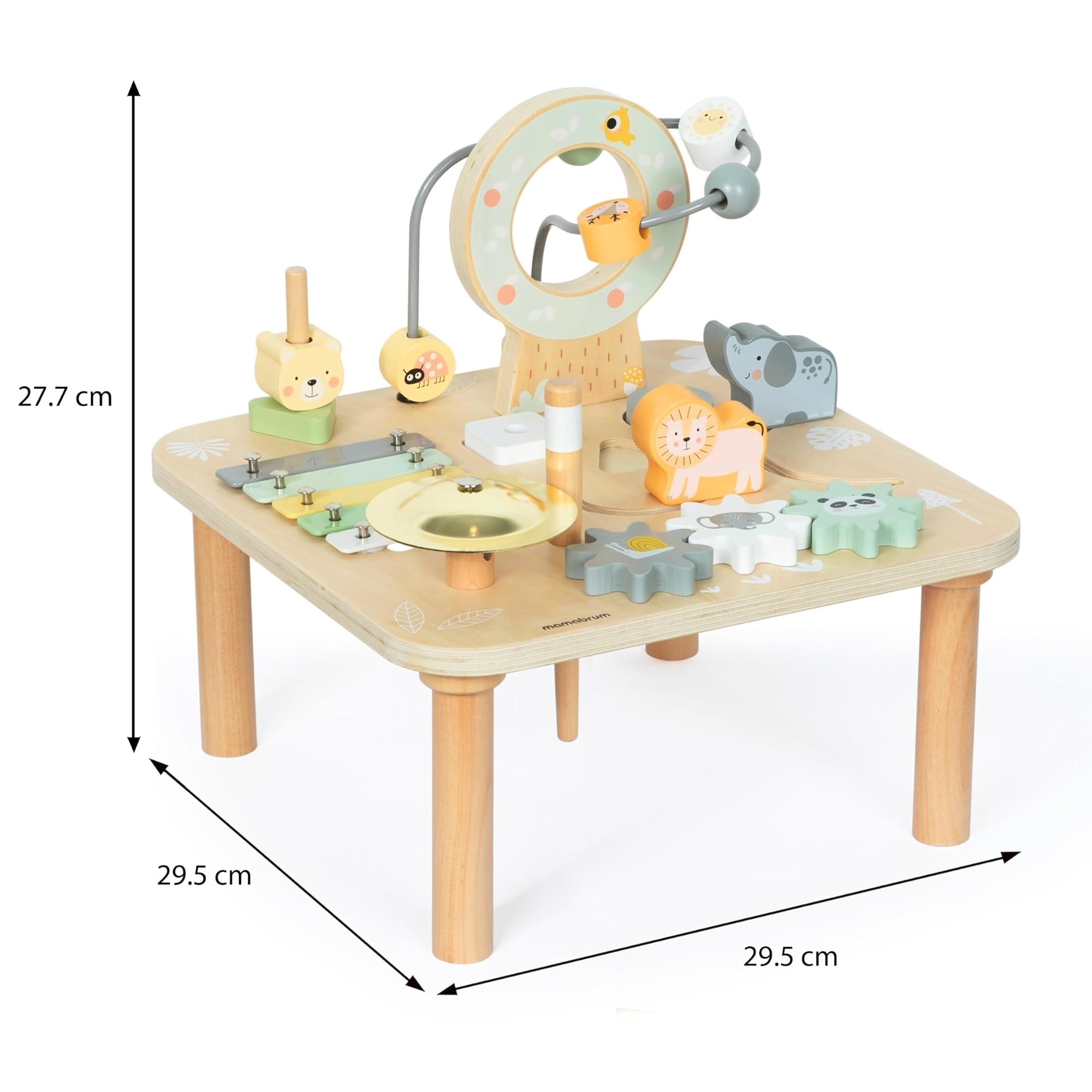 Mamabrum Tavolino Educativo in Legno per Bambini - Giocattolo Musicale 7 in 1 con Pipistrelli e Gong, Percorso Motorio, Puzzle Sensoriale a Tema Giungla