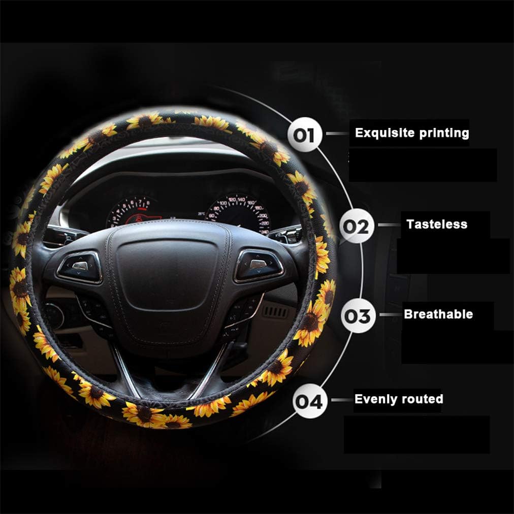 Leather Car Steering Wheel Cover, Anti-Slip Steering Wheel Protector for Women Girls Ladies, Universal 15 inch, Black with Sunflower